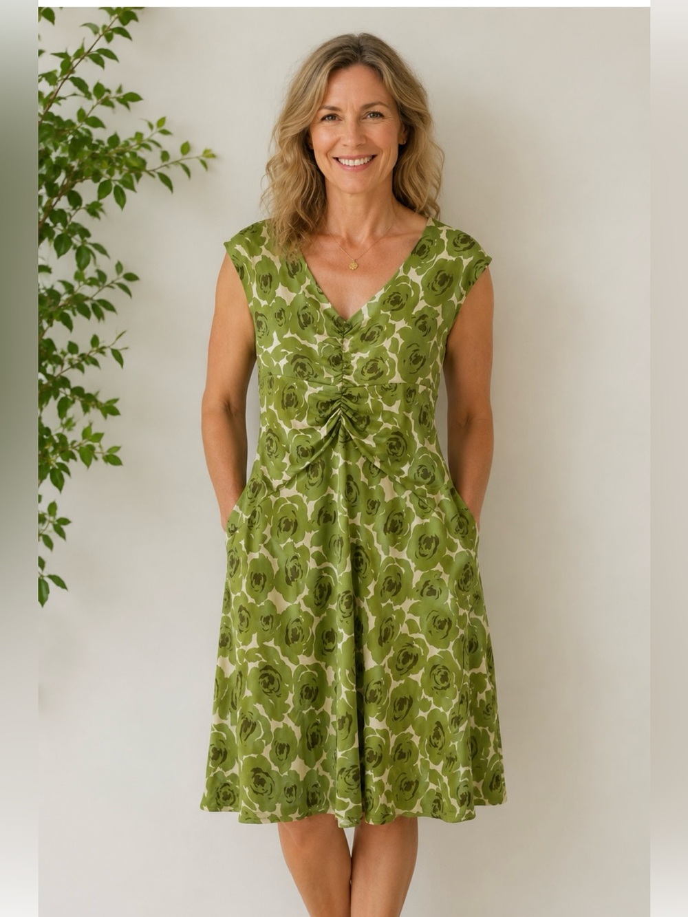 Green Silk Floral Twist-Front Midi Dress